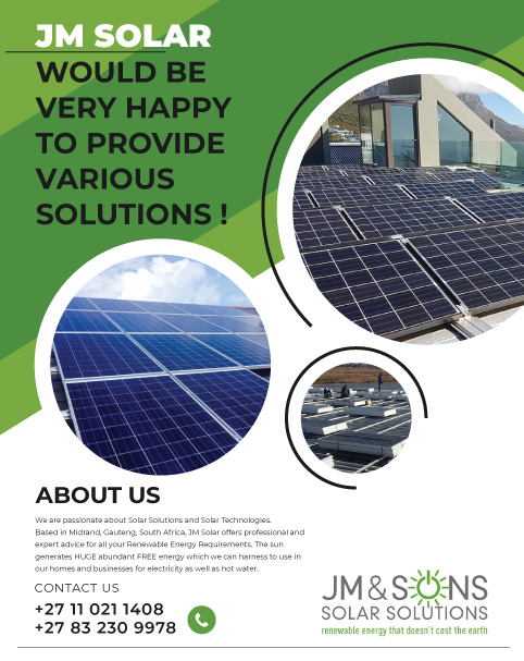 JM and Sons Solar Solutions (Pty) Ltd full-page company advert